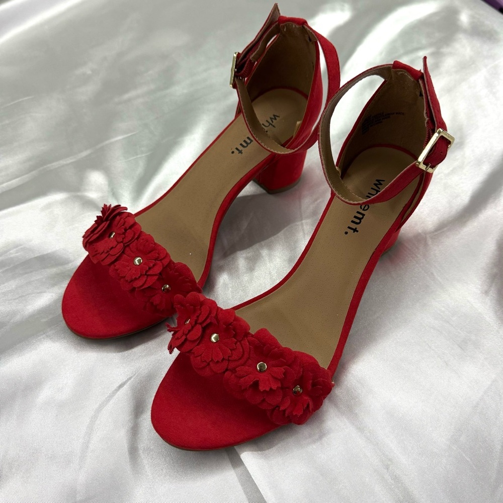 Women's Red Floral Ankle Strap Heels